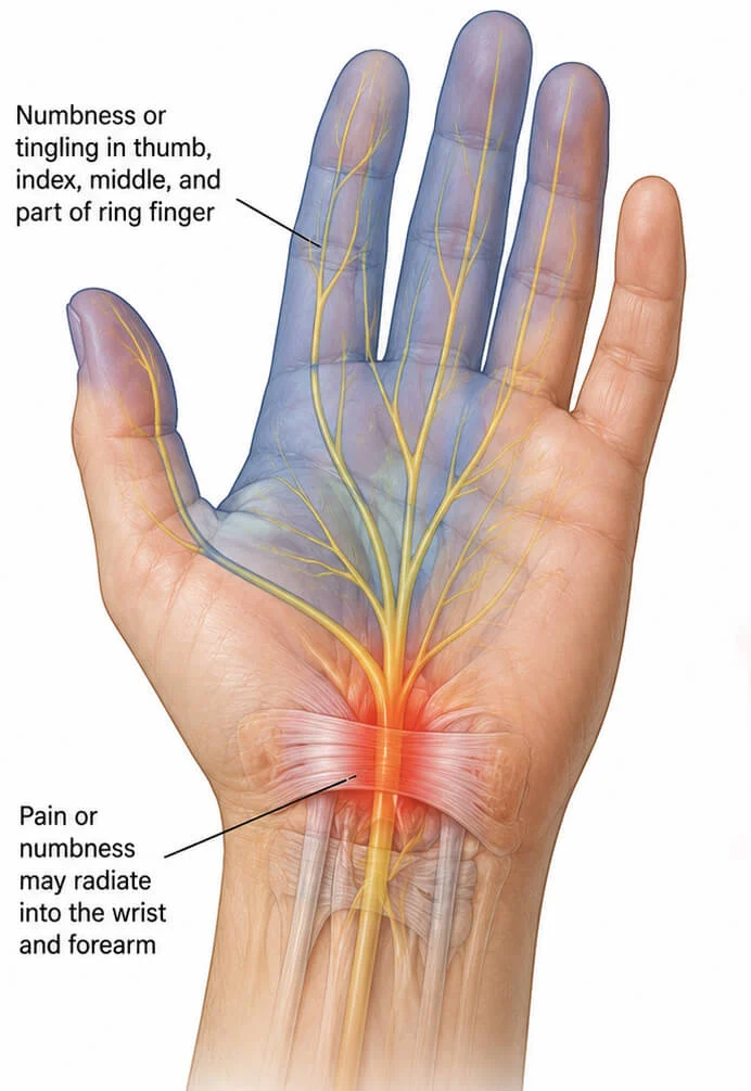 手部麻木刺痛的範圍(Ref : https://www.bostonbiologic.com/conditions-treated/treatment-for-wrist-and-hand-pain/carpal-tunnel-syndrome/)